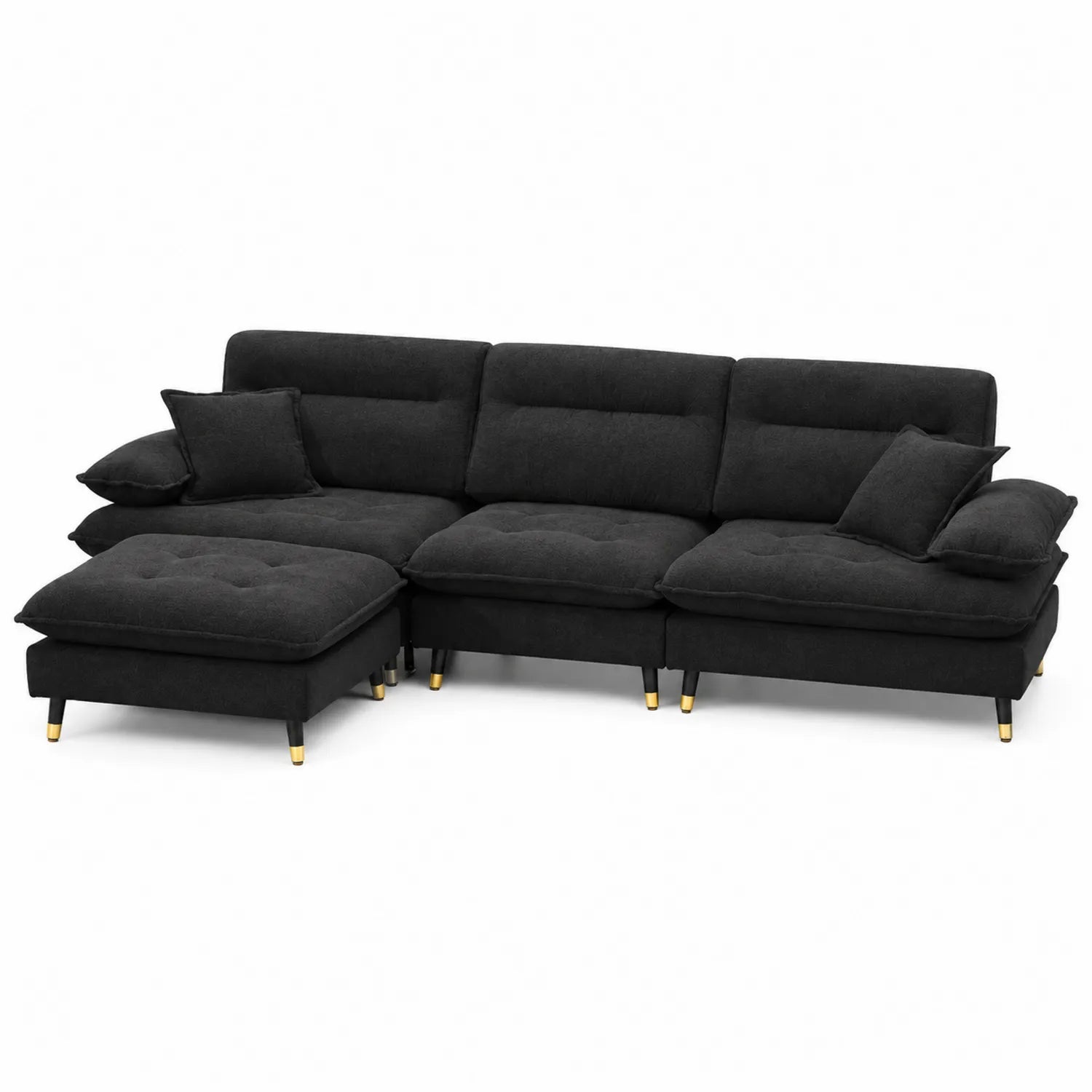 Canapé d'angle modulable en tissu noir avec pouf