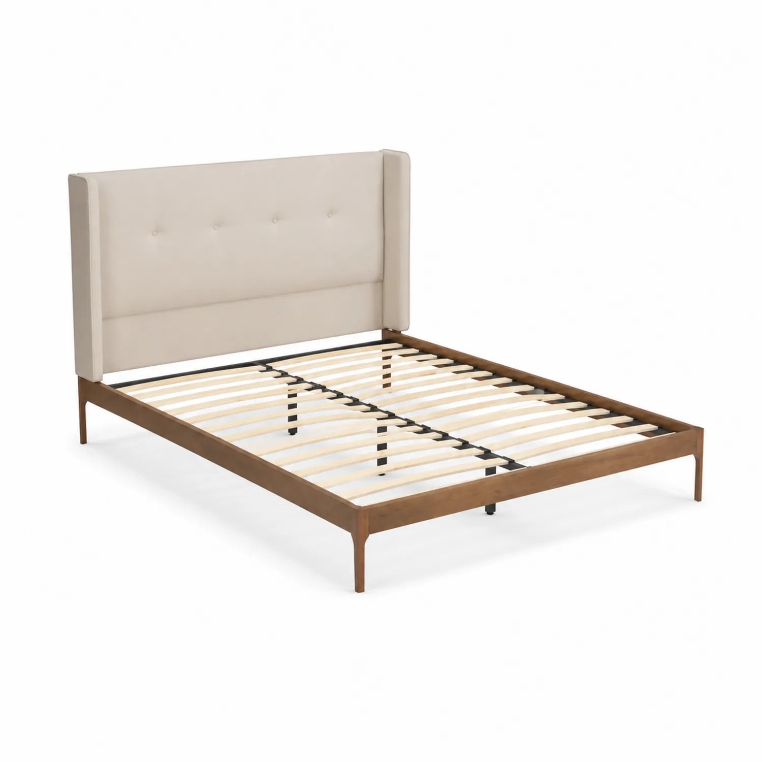 Lit double en bois avec tête de lit rembourrée en tissu Beige