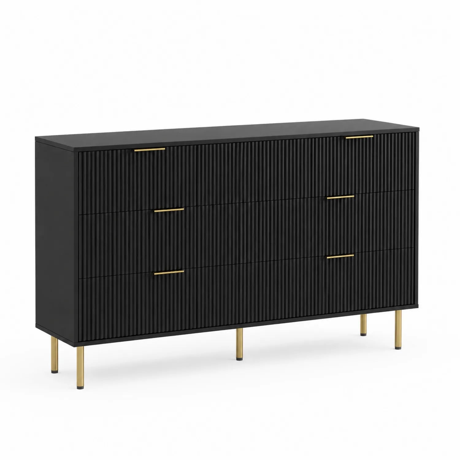 Commode 6 tiroirs en bois noir avec pieds dorés