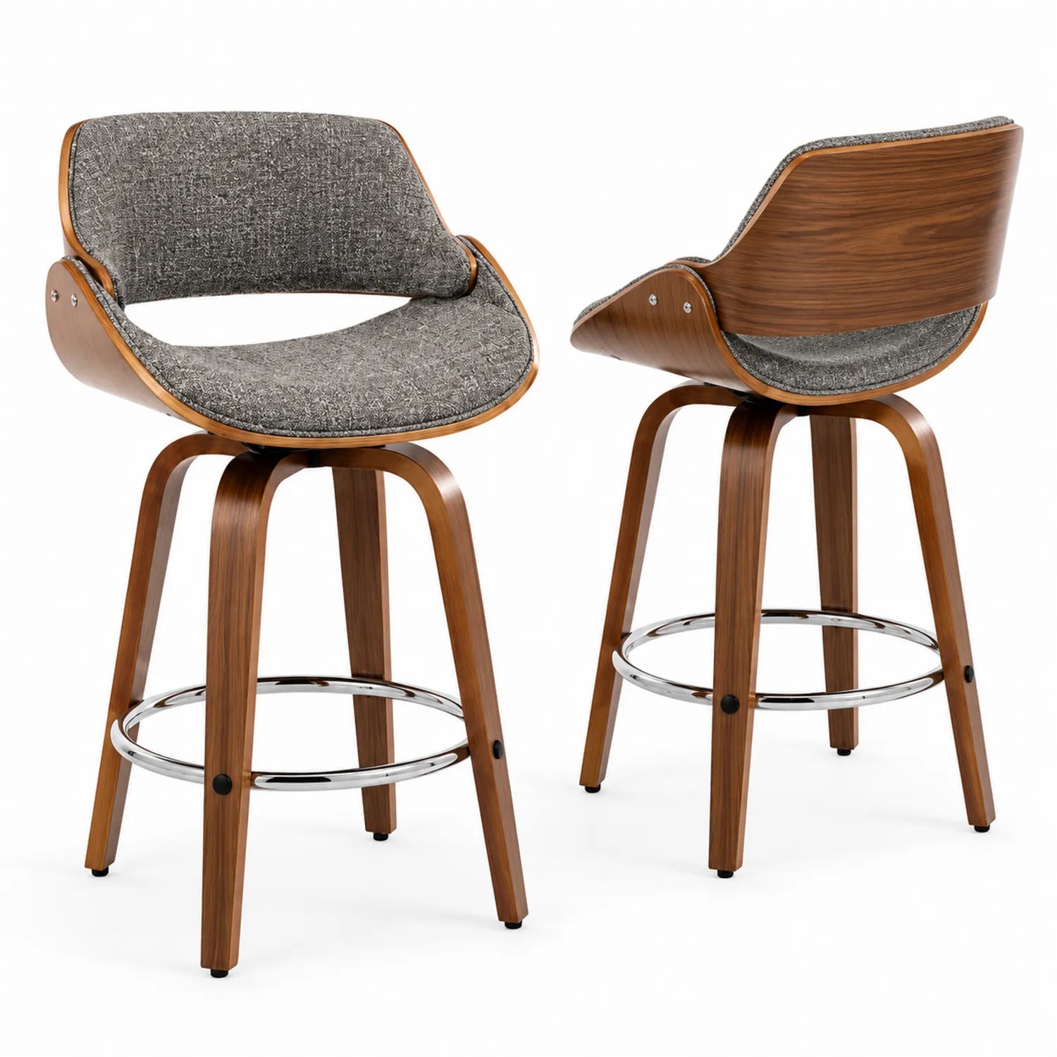 Tabourets de bar pivotants en bois et tissu gris