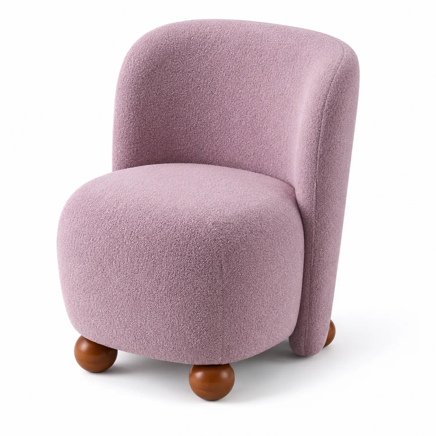 Fauteuil en tissu bouclé rose avec pieds en bois