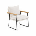 Fauteuil en tissu polyester beige avec accoudoirs en bois et structure en métal