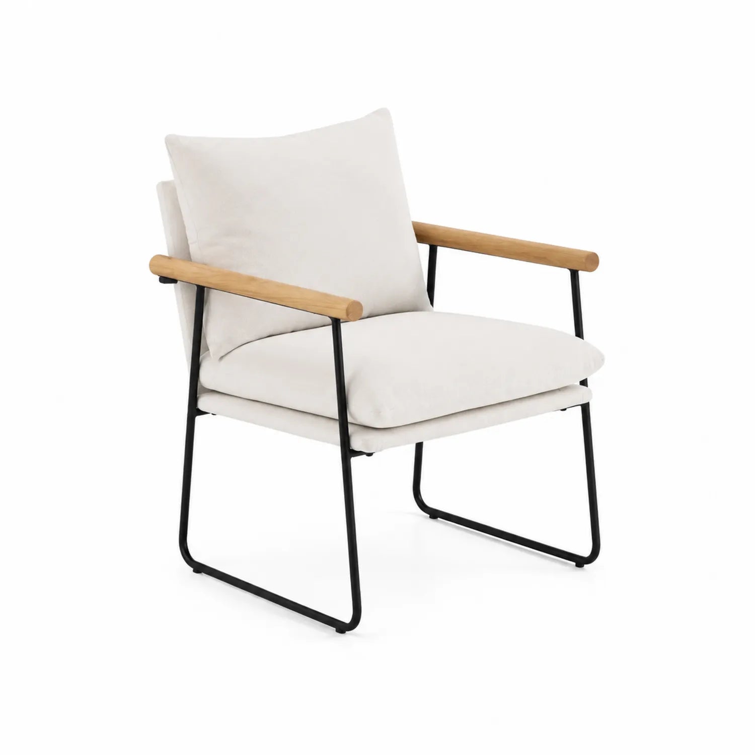 Fauteuil en tissu polyester beige avec accoudoirs en bois et structure en métal