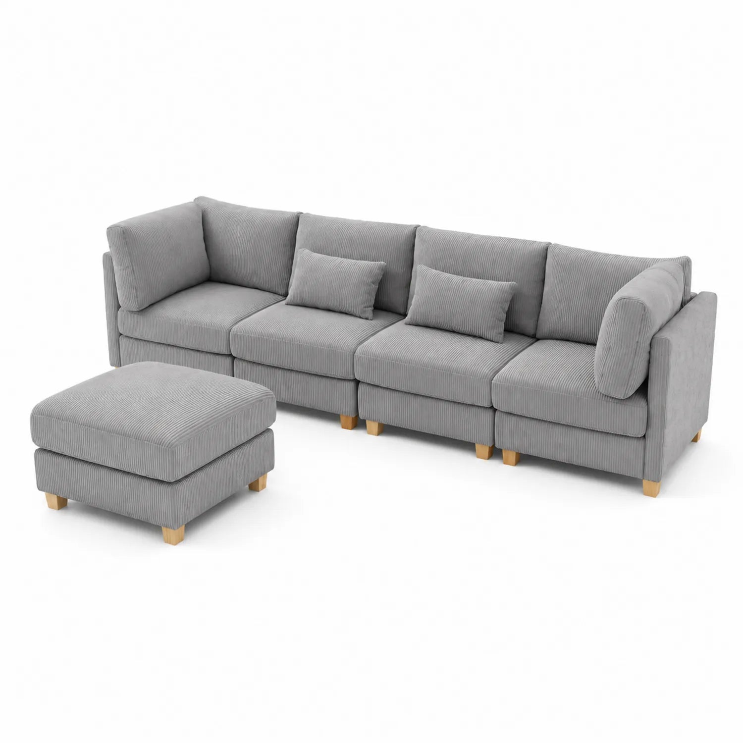 Canapé d'angle modulaire en tissu avec pouf et coussins