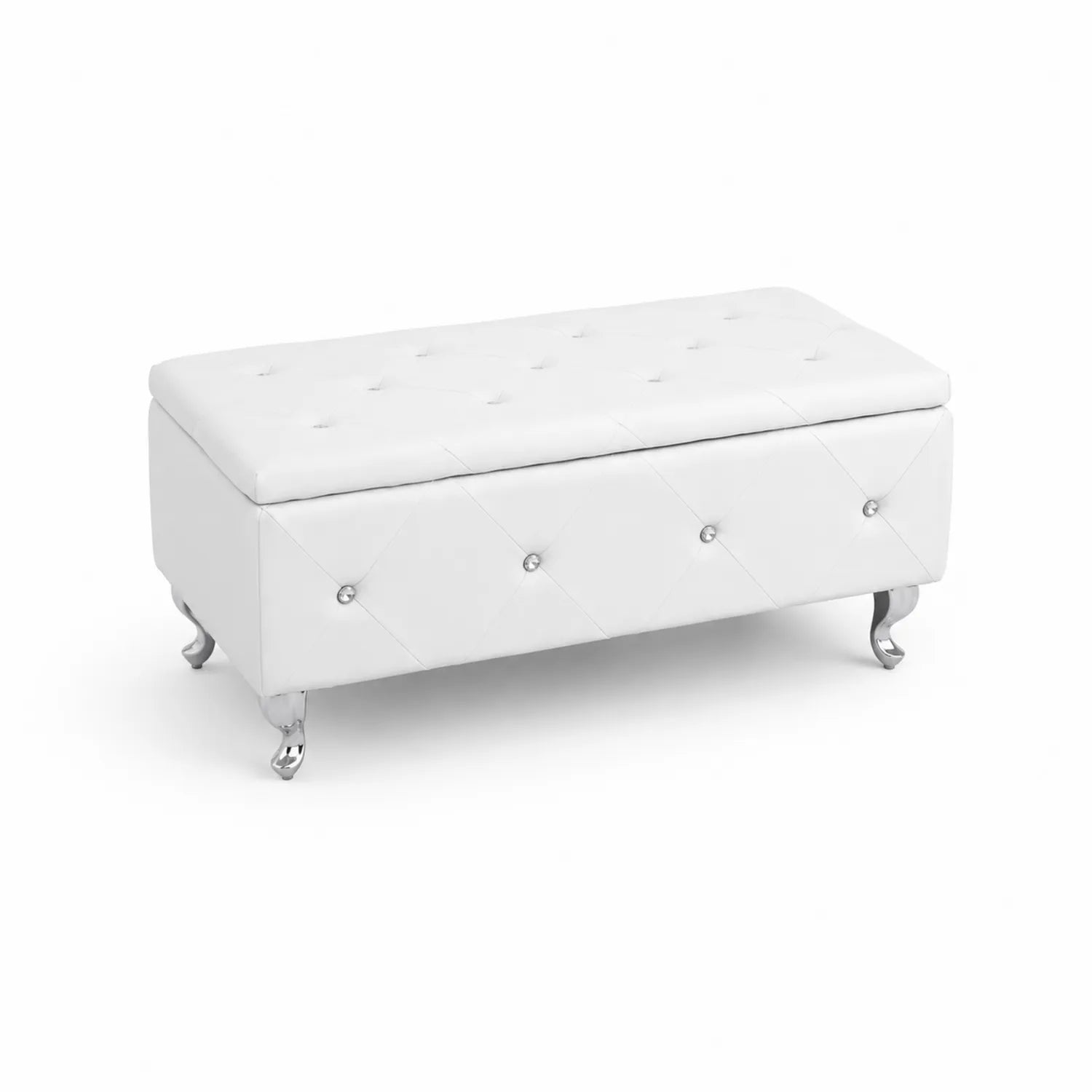Banc de rangement en cuir synthétique blanc avec pieds en métal chromé