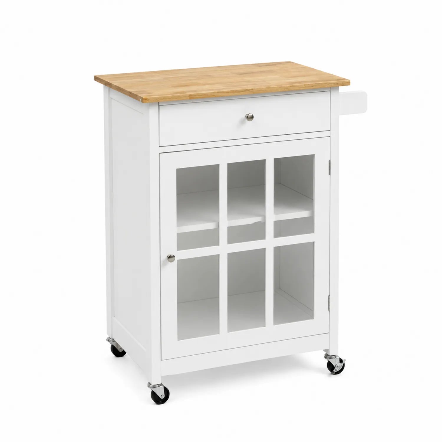 Chariot de Cuisine Roulant Blanc avec Plateau en Chêne et Portes en Verre