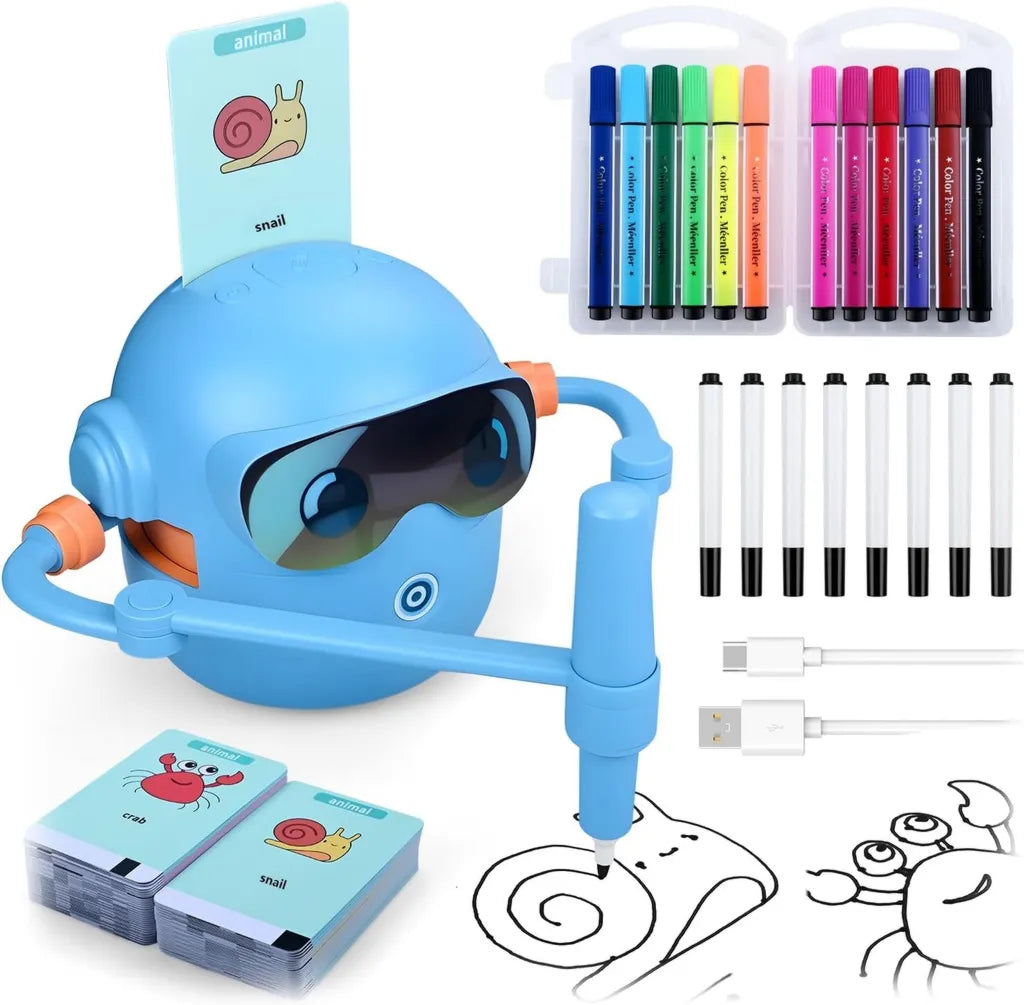 Robot Dessinateur Interactif MMOBIEL pour Enfants - Pictobot Éducatif avec 100 Cartes, Guide Vocal, 12 Feutres et Batterie USB-C - Cadeau Idéal Filles et Garçons 3-9 Ans - Bleu