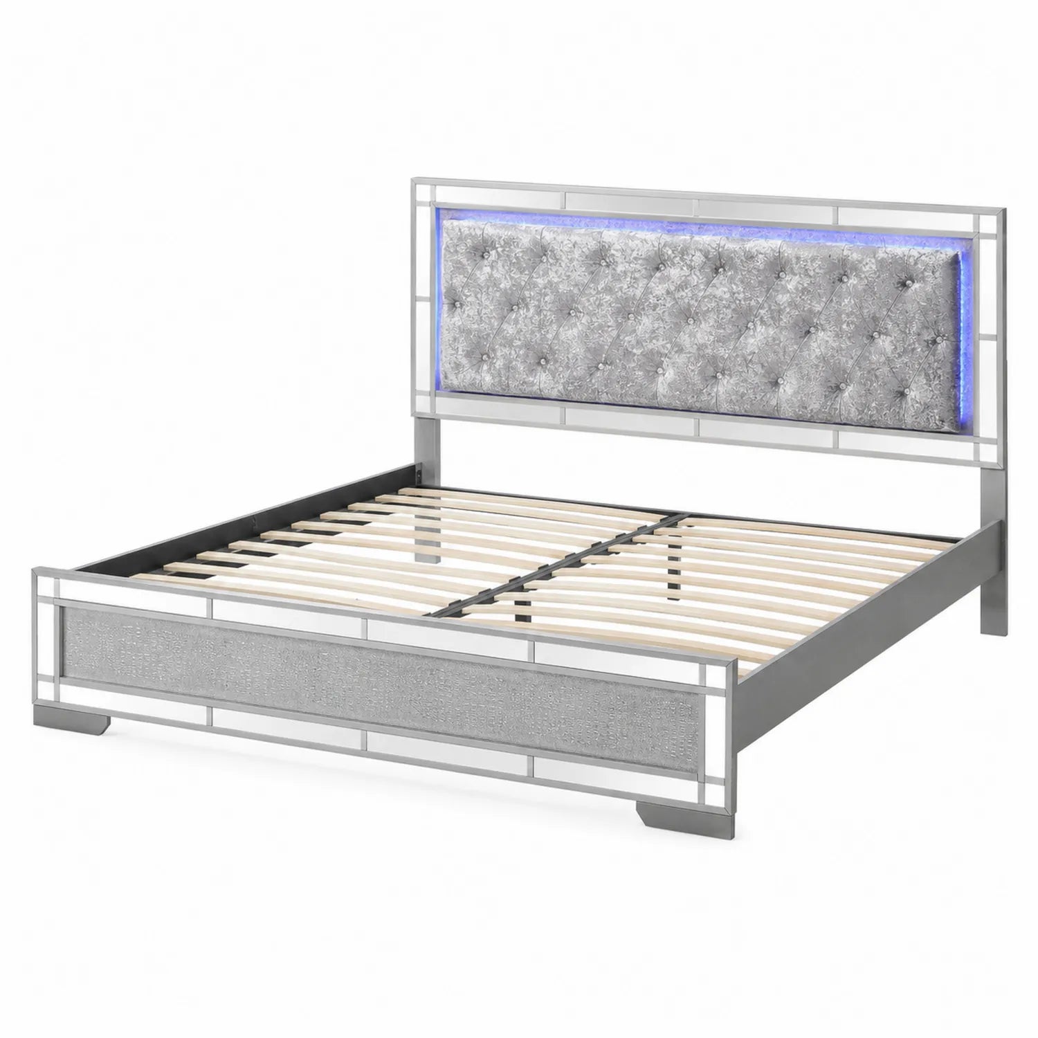 Lit double en métal avec tête de lit rembourrée LED 160x200 cm