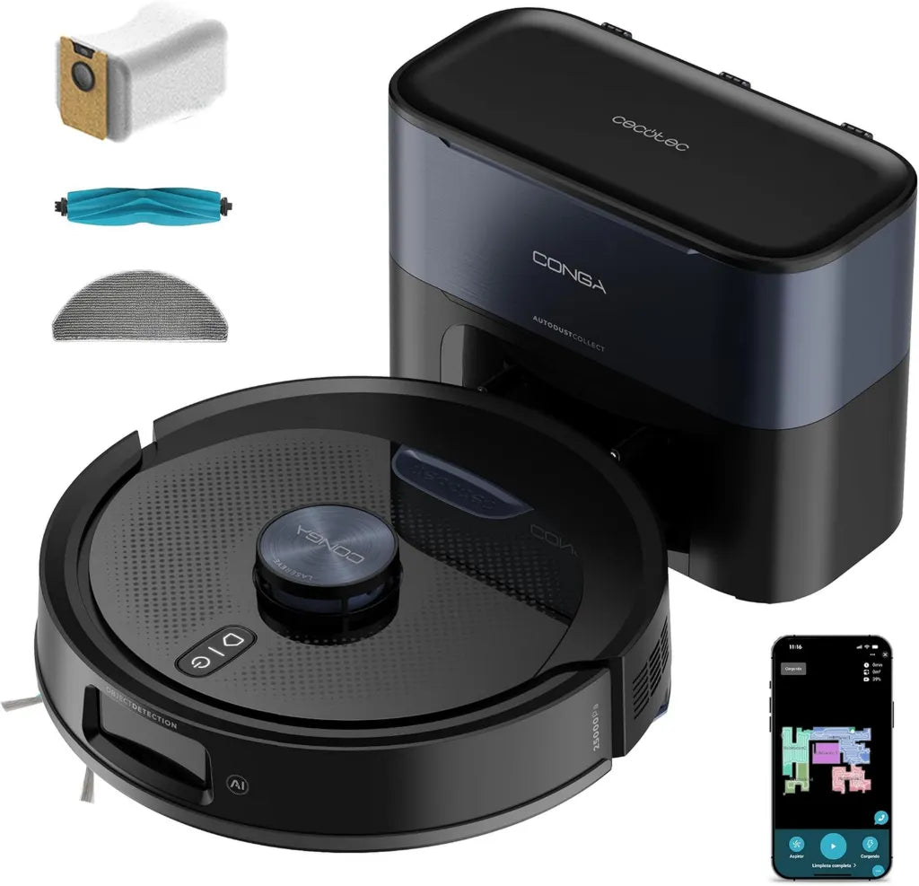Aspirateur Robot Cecotec Conga Y90 avec IA, Base Autonettoyante, 25000Pa, Autonomie 240min, Brosse Silicone Spéciale Animaux, Sac 3L, Connectivité Bluetooth et WiFi