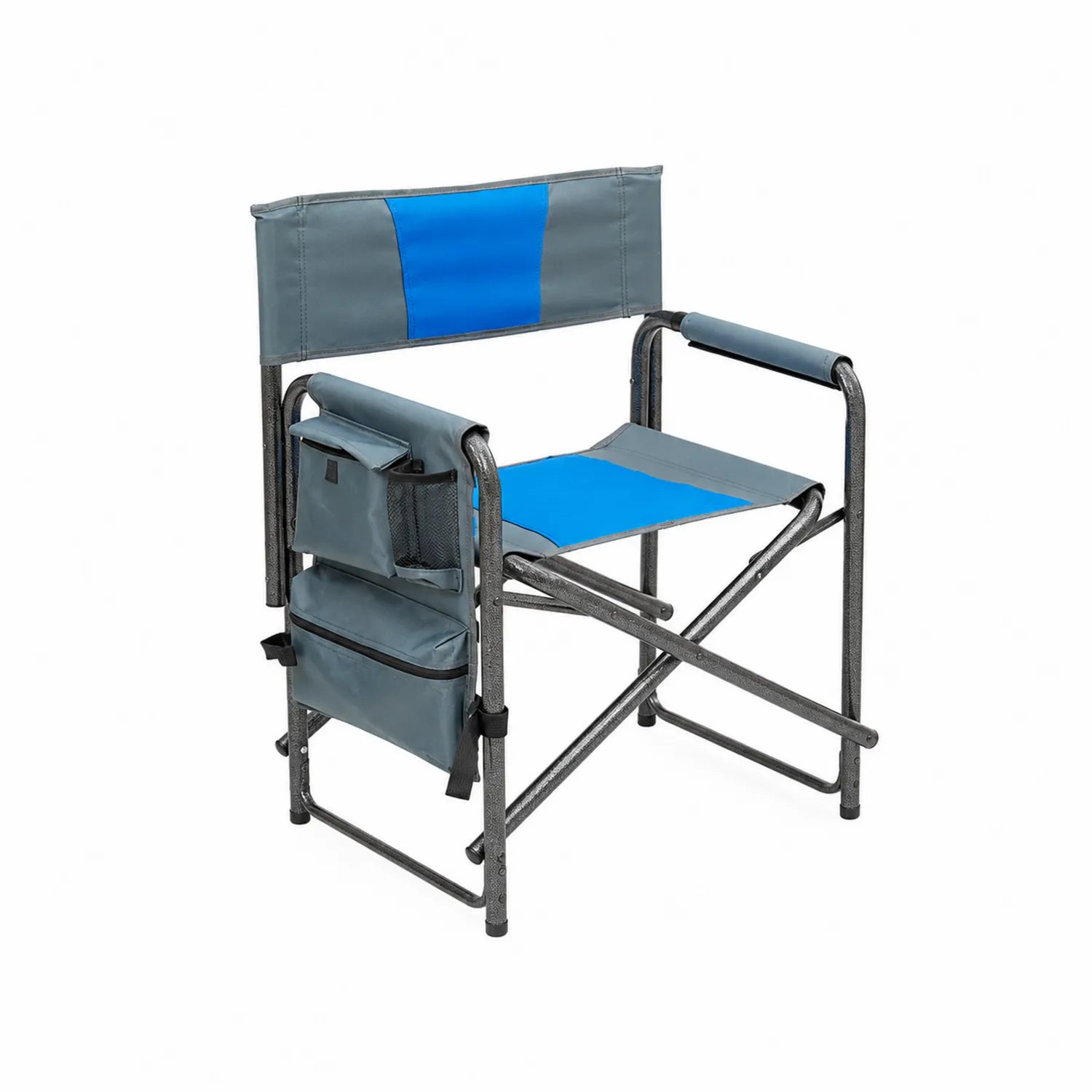 Chaise pliante extérieure acier et polyester avec poches bleue et grise