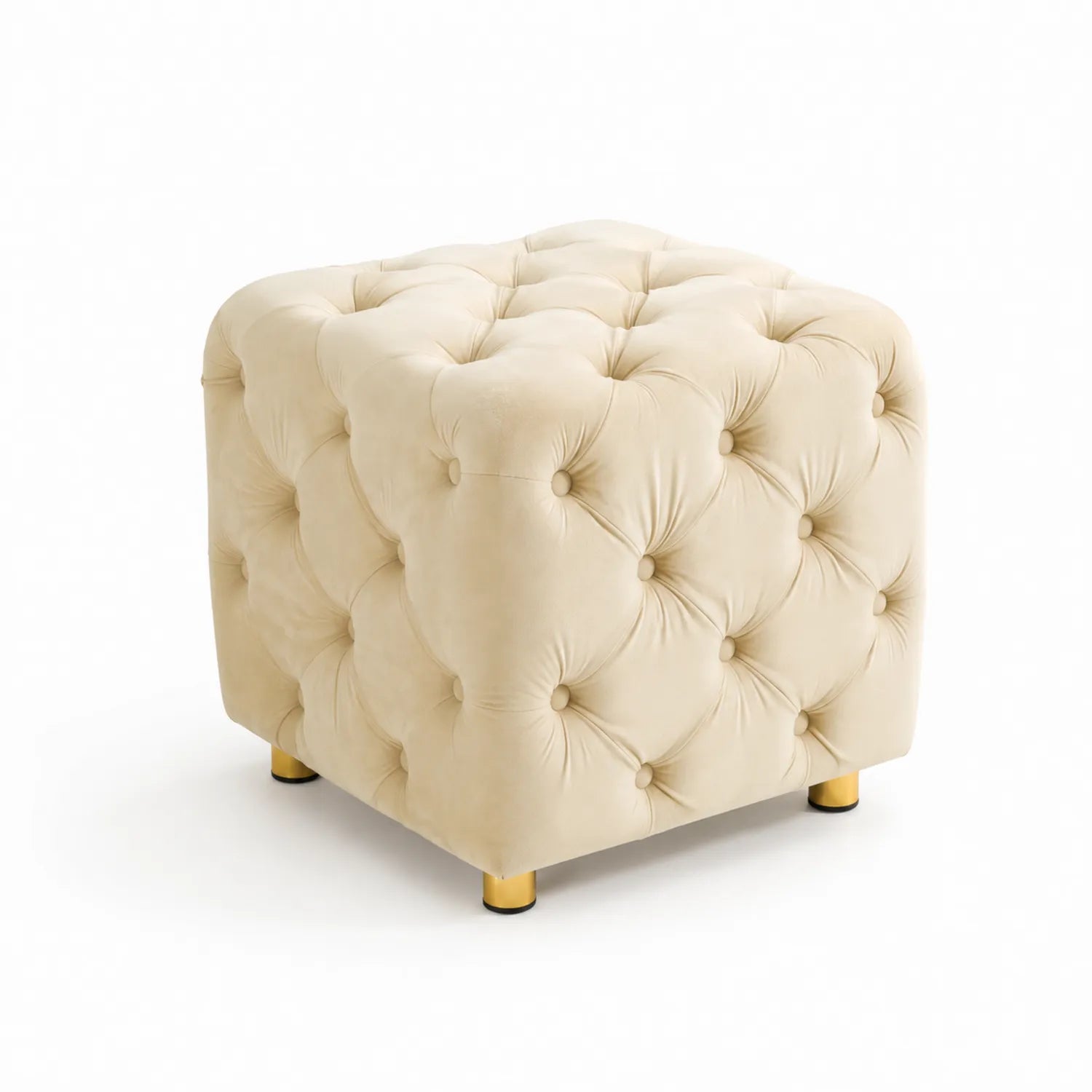 Pouf carré en velours beige avec pieds dorés