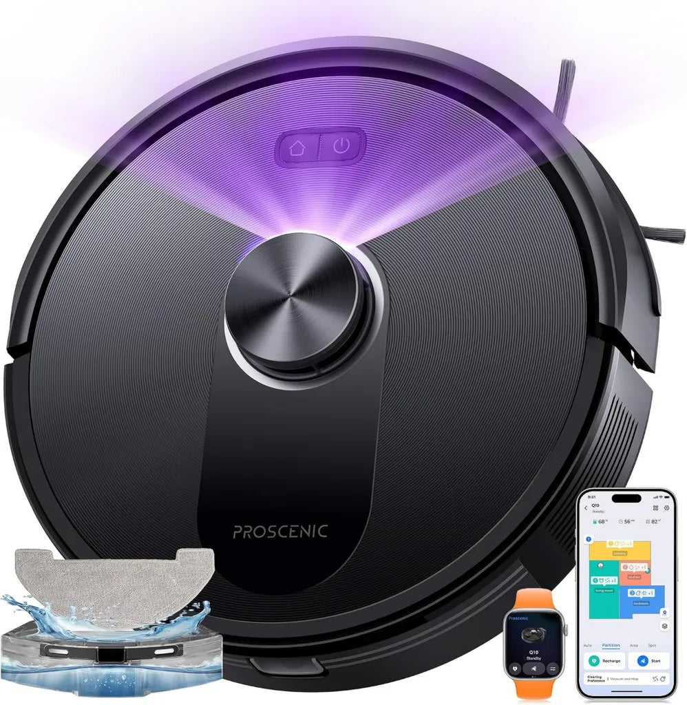 Proscenic Q10+ Robot Aspirateur 8000Pa, Autonomie 200 Min, Lavage avec Serpillière, Navigation Lidar, Cartographie Multi-étages, Évitement d'Obstacles, Silencieux pour Sols Durs et Tapis avec Poils d'Animaux