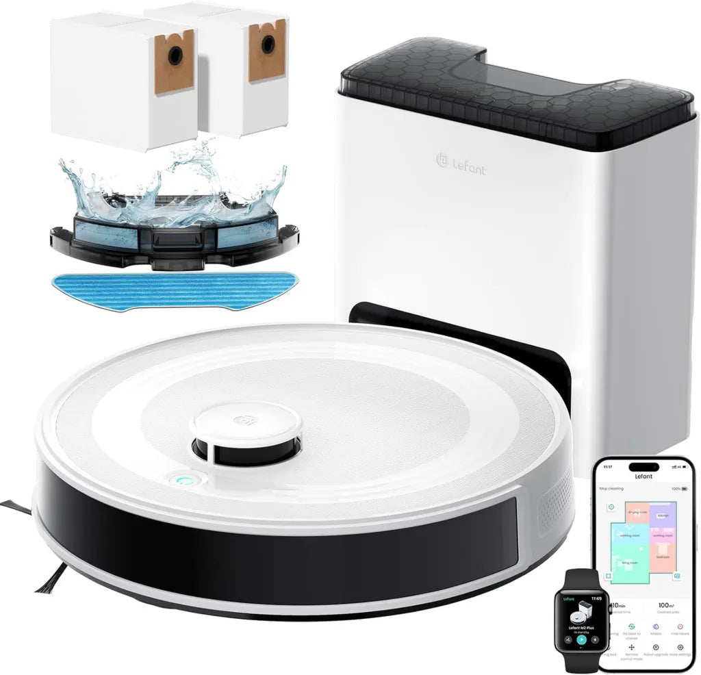 Aspirateur Robot Lefant M2 Plus avec Station de Vidange Automatique, Navigation Laser Avancée, Puissance 6000Pa, Nettoyage Personnalisé pour Poils d'Animaux, Contrôle via Application