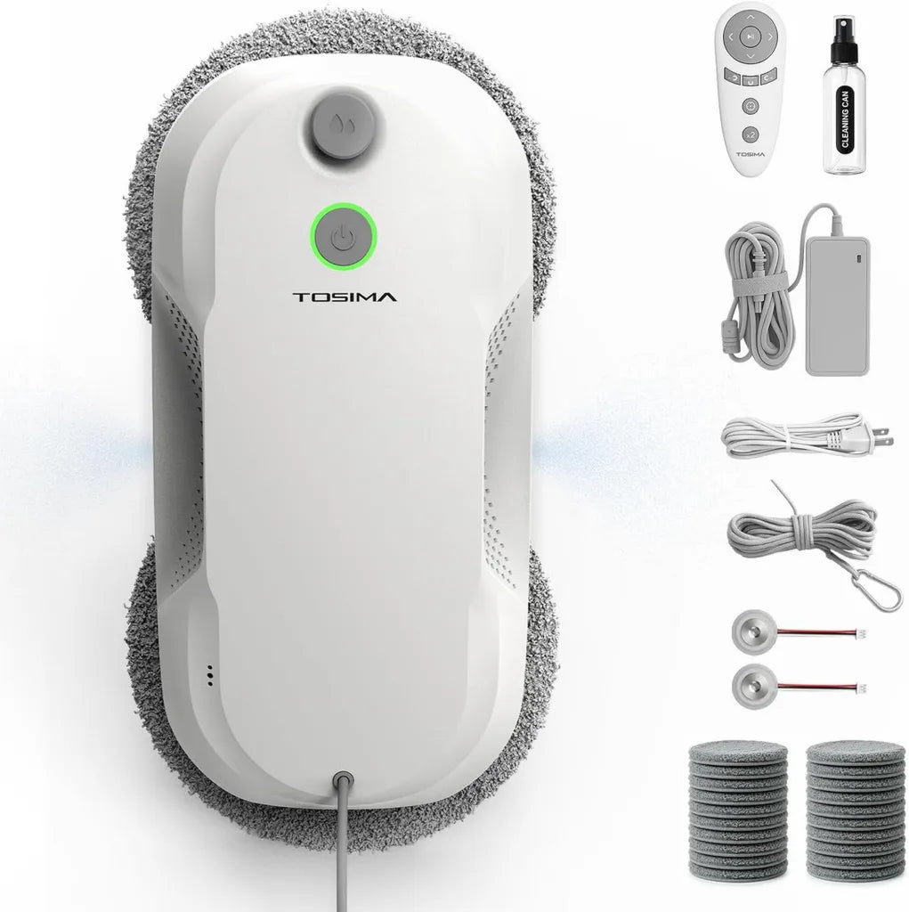 Robot Nettoyeur de Vitres Tosima W5 Pro 6400 Pa avec Pulvérisation Ultrasonique et Télécommande, 20 Chiffons Microfibre Inclus