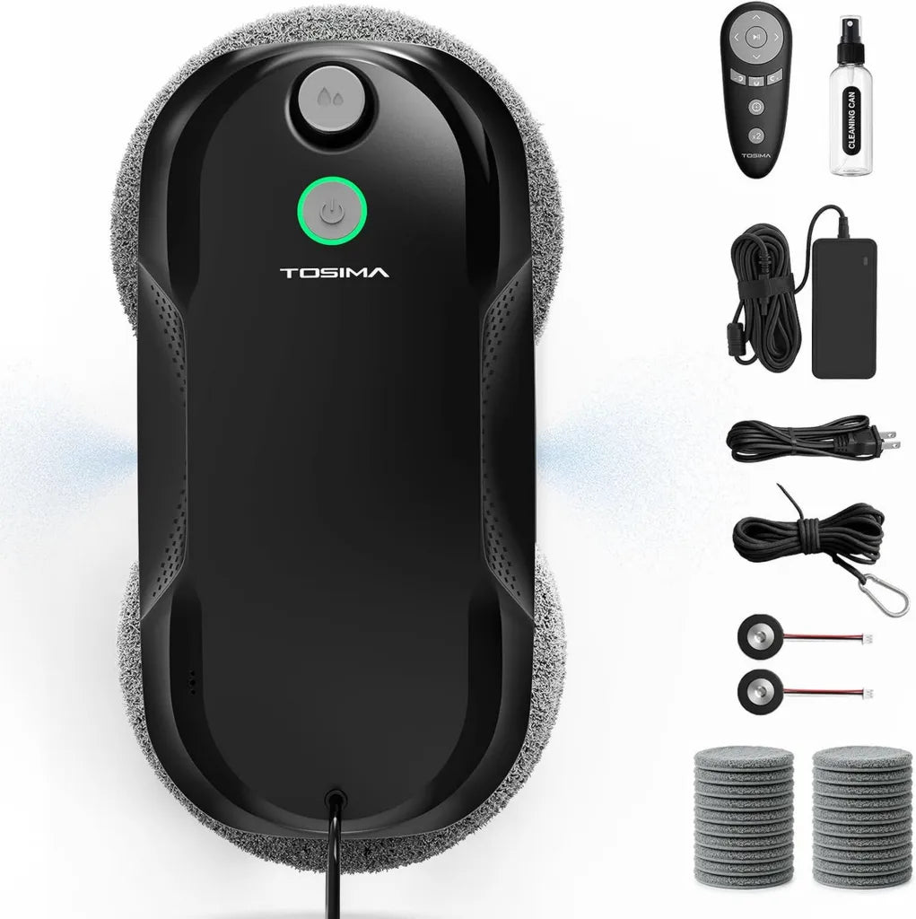 Robot laveur de vitres Tosima W5 Pro, nettoyage automatique avec double pulvérisation ultrasonique, télécommande incluse, 20 chiffons microfibres, couleur noire