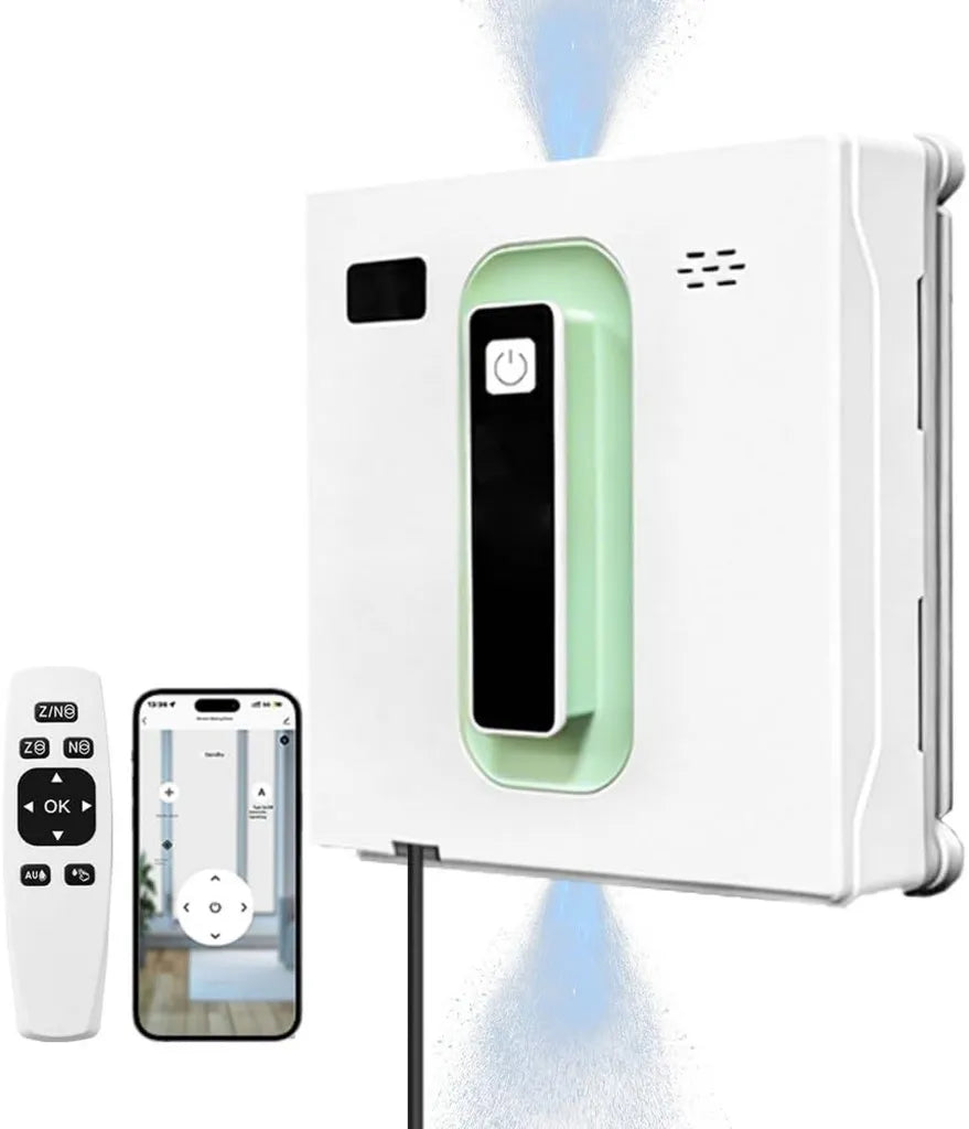 Robot lave-vitres carré sans balais avec double jet d'eau, nettoyeur intelligent avec batterie UPS, contrôle par app et télécommande pour vitres et carrelage