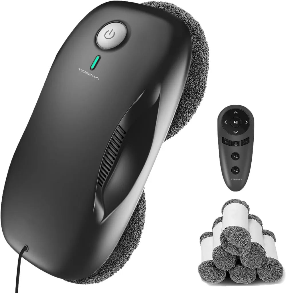 Robot Laveur de Vitres Tosima W2, Aspiration 3800 Pa, Système de Sécurité Avancé, Détection de Bords, Navigation Intelligente, Télécommande Incluse, Idéal pour Surfaces Lisses, 12 Lingettes Incluses