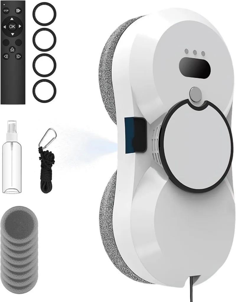 Robot nettoyeur de vitres intelligent 5600 Pa avec pulvérisation d'eau et télécommande - 3 modes, blanc