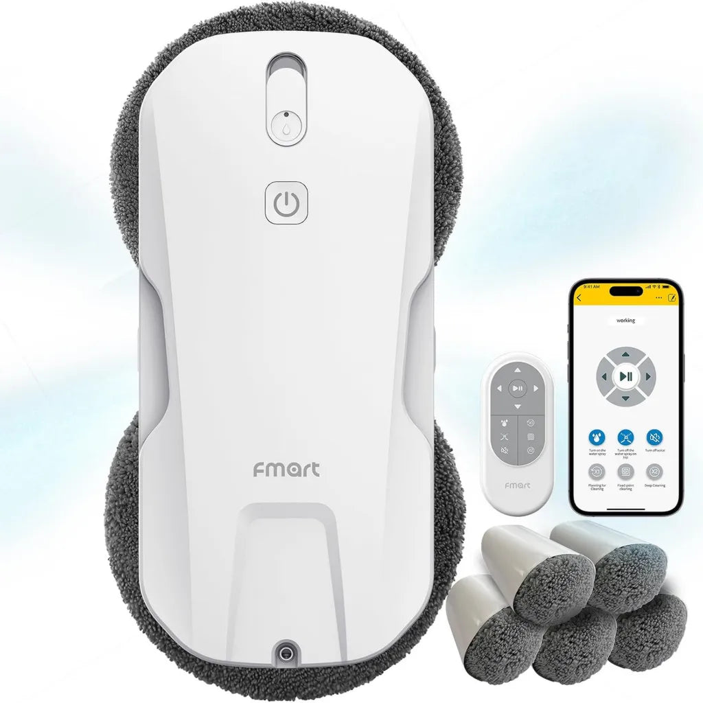 Fmart T11 Robot lave-vitres avec 10 lingettes, pulvérisation automatique, sécurité renforcée, navigation intelligente, télécommande incluse