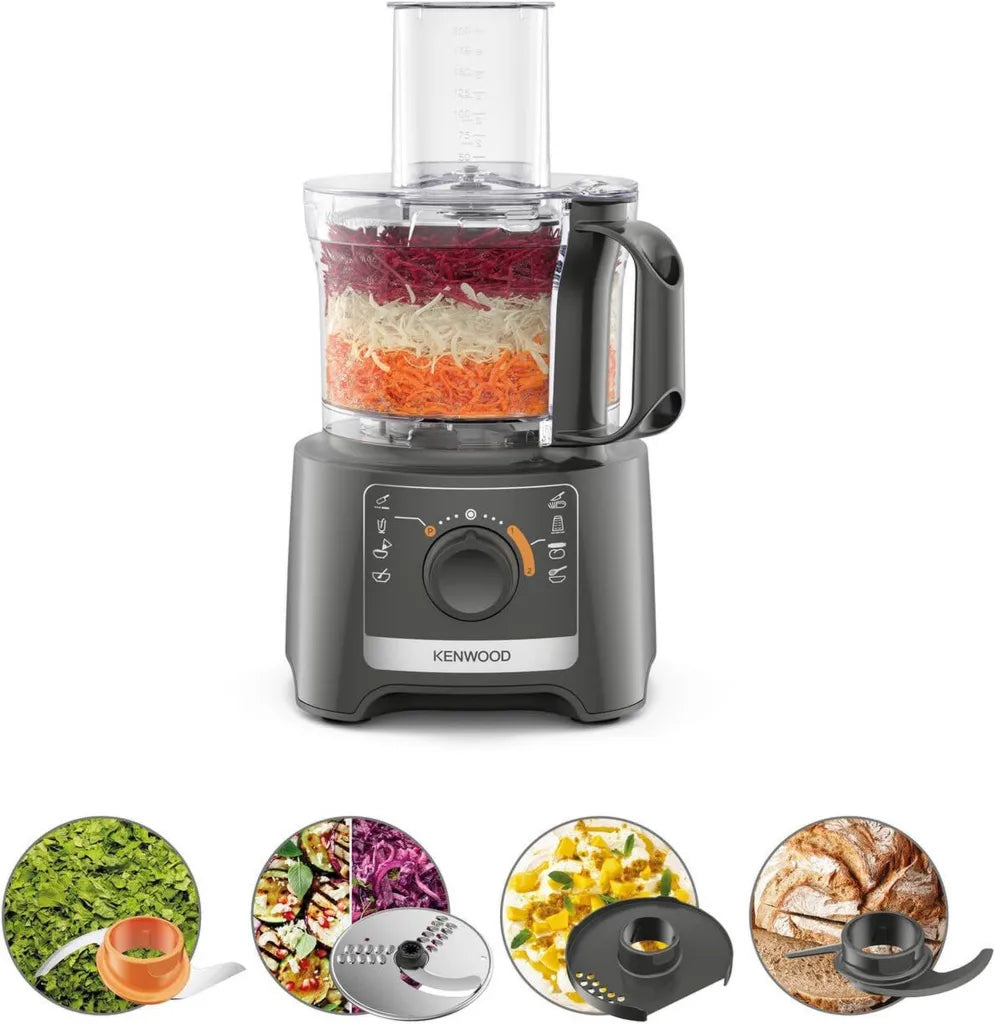 Robot de cuisine Kenwood Multipro Compact FDP31.020GY 2023, 800 W, 2 vitesses et fonction Pulse, bol 2,1 L, découpe-légumes, hachoir et râpe