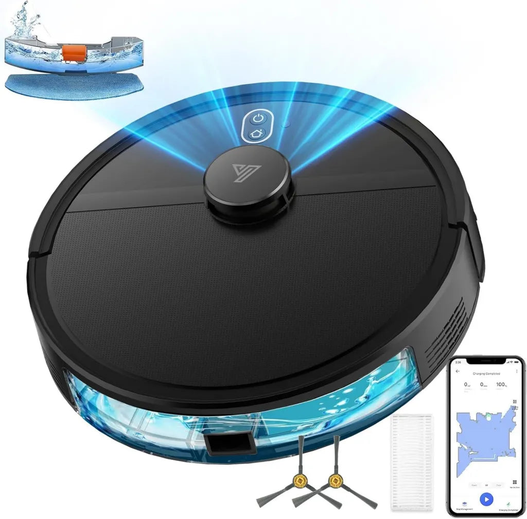 Robot Aspirateur Intelligent 5000 Pa avec Navigation LiDAR, Nettoyage 2 en 1, Contrôle via WiFi et Commandes Vocales, Autonomie 120 Min, Évitement d'Obstacles, Idéal pour Poils d'Animaux - Noir