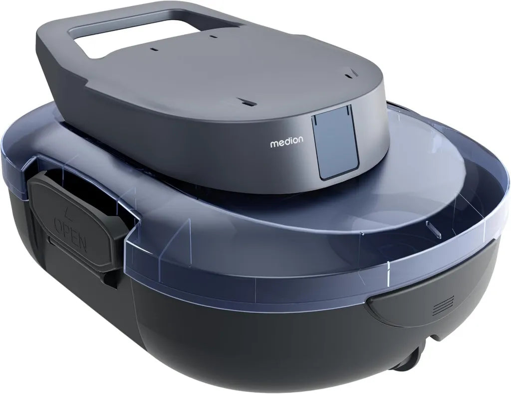 Robot de Nettoyage Piscine MEDION sans Fil, pour Piscines Hors-Sol, Autonomie 120 Min, Filtre 2,2 L, Zone de 80-100 m², Inclus Chargeur et Crochet