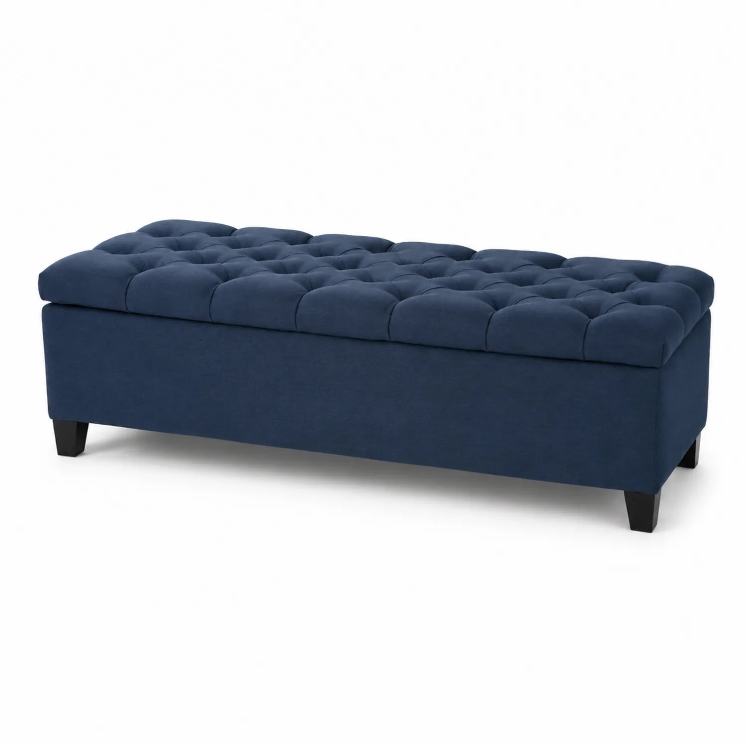 Banc de rangement en tissu polyester bleu avec pieds en bois