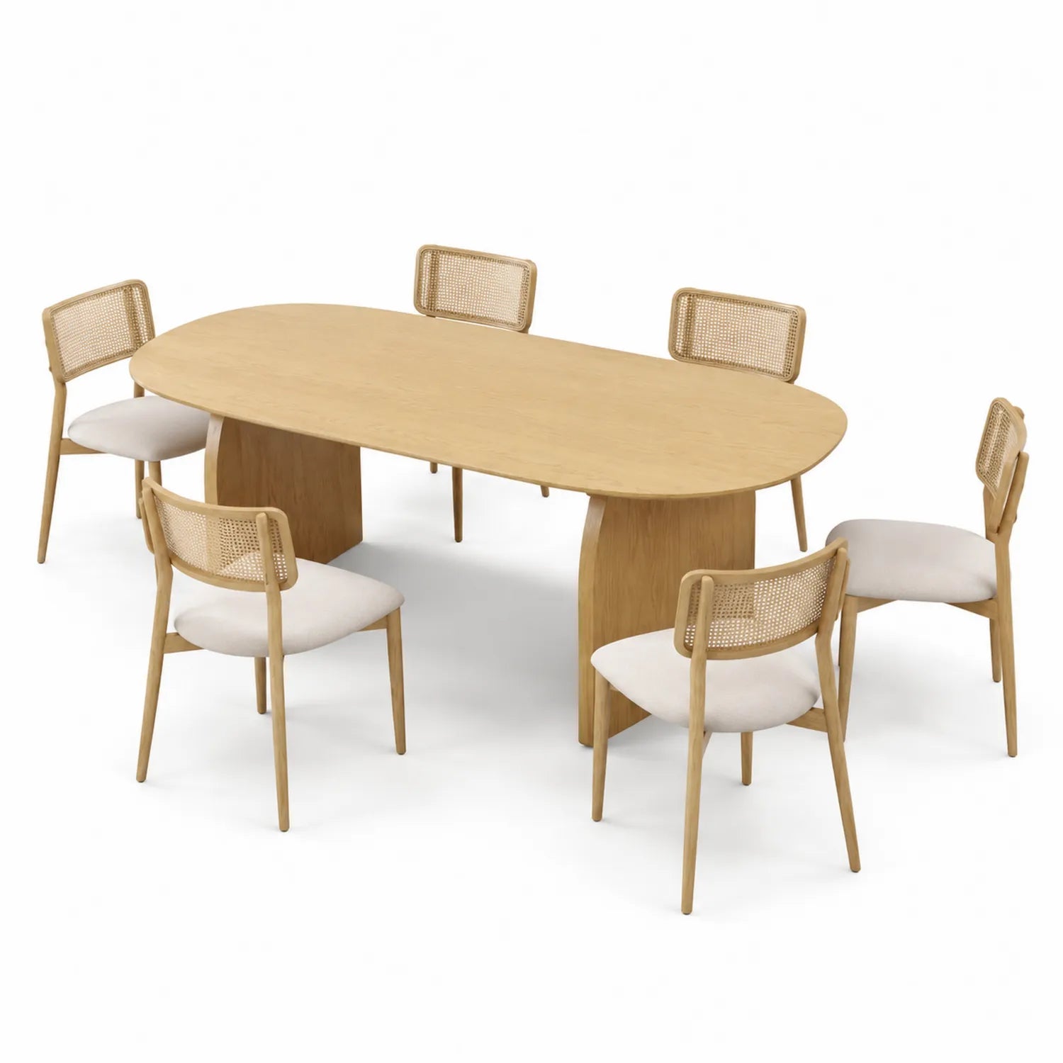 Table à manger ovale en bois avec 6 chaises en rotin canné