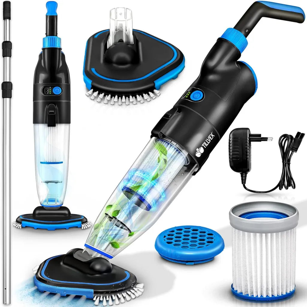 Aspirateur de Piscine Sans Fil tillvex avec Manche Télescopique et 2 Vitesses | Kit de Nettoyage Rechargeable avec Filtre