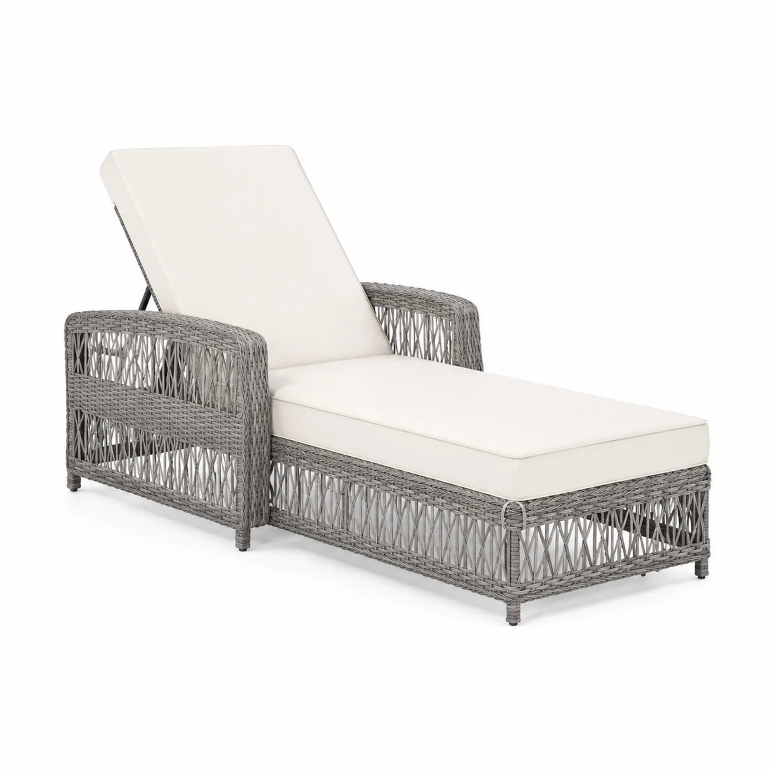 Chaise Longue en Résine Tressée Grise avec Coussin Beige