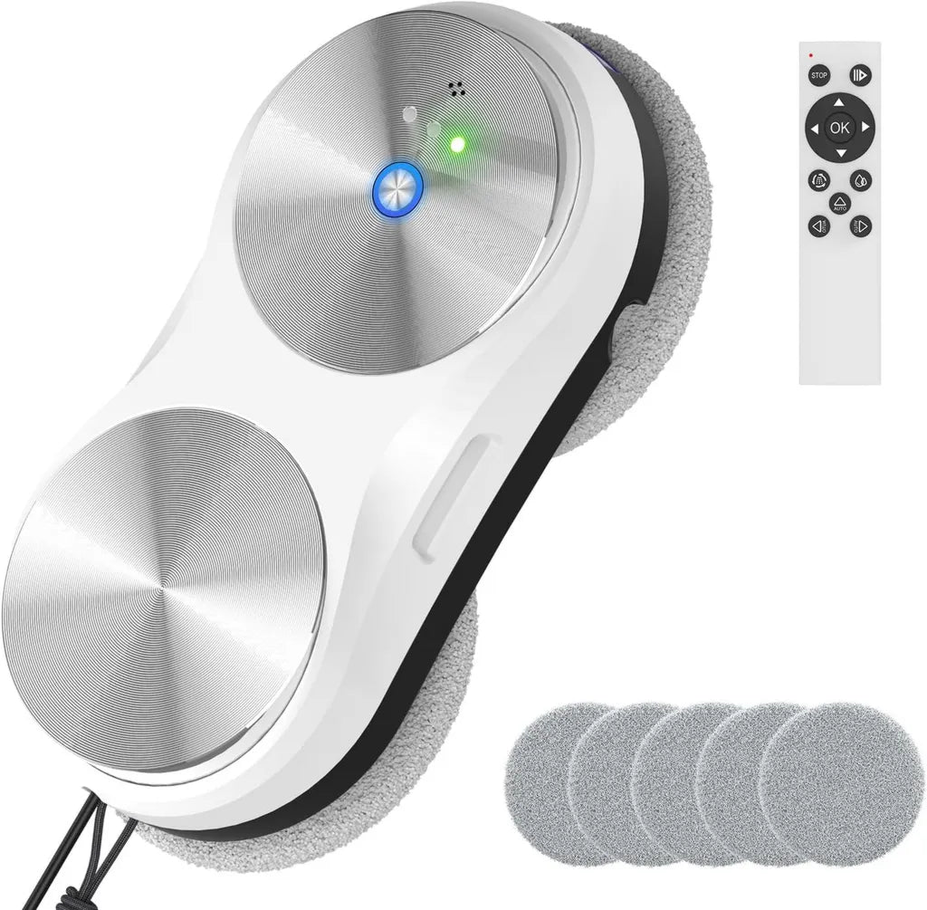Robot lave-vitre électrique avec télécommande, sécurité et réservoir 80 ml, aspiration puissante 5600 Pa, 3 modes pour fenêtres intérieures/extérieures