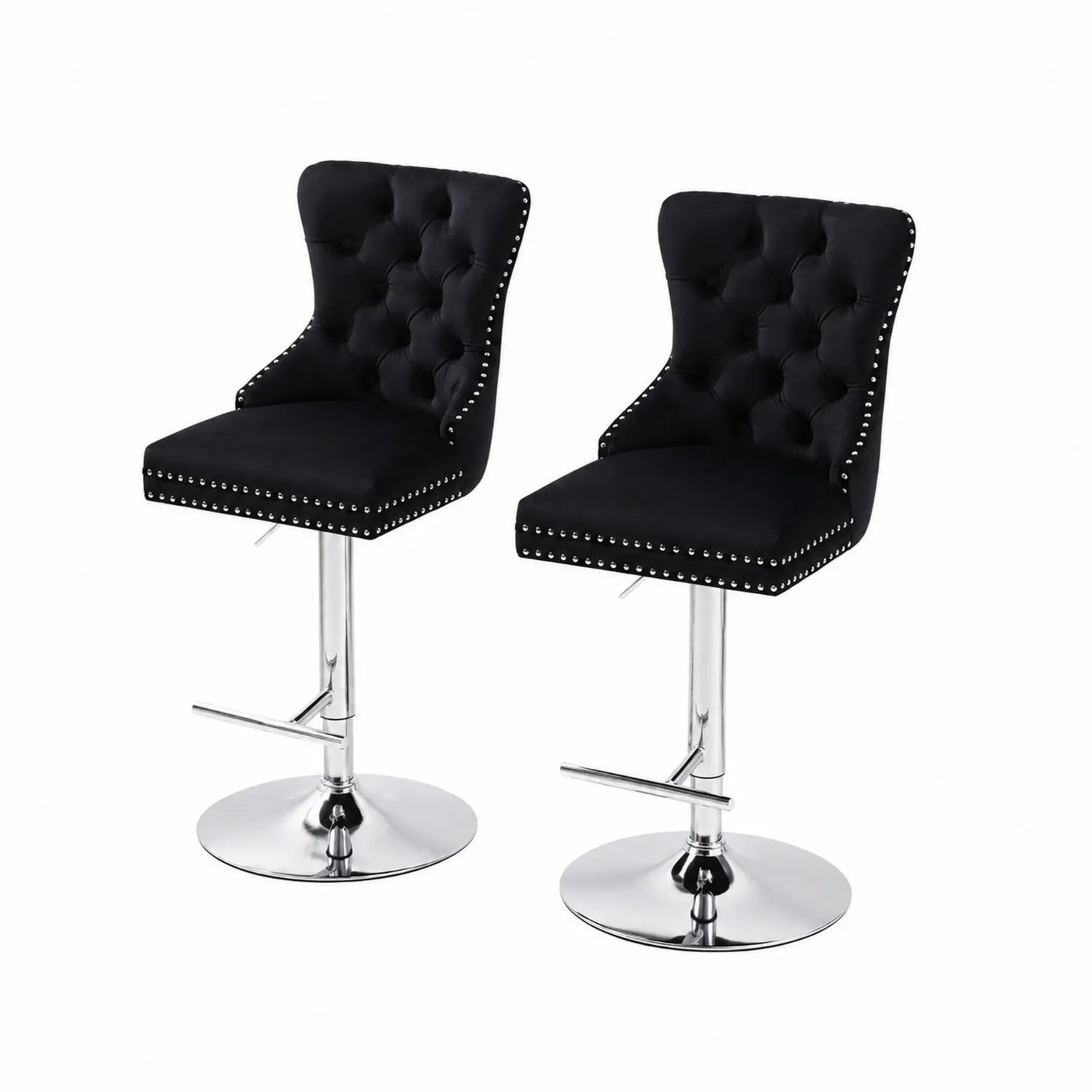 Tabourets de bar en velours noir et métal chromé réglables, lot de 2