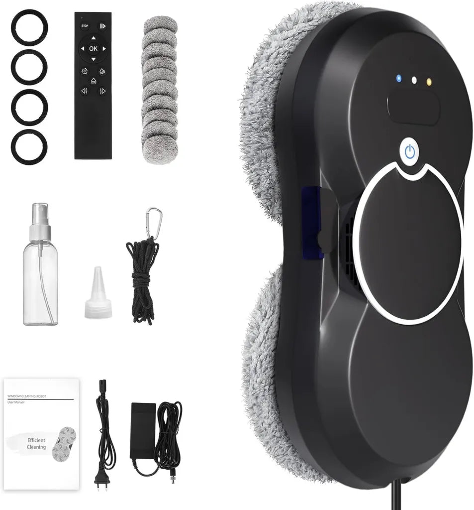 Robot Laveur de Vitres Intelligent 2800Pa avec Jet d'Eau, 3 Modes, 10 Lingettes Incluses, Noir
