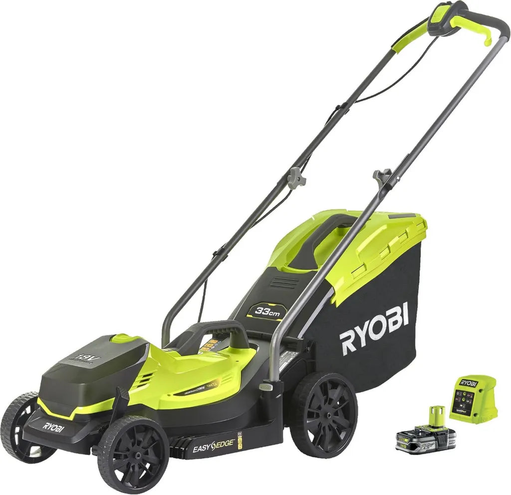 Tondeuse à Gazon Sans Fil Ryobi 18V - Largeur 33 cm, Hauteur Réglable, Sac Collecteur 35L, Batterie et Chargeur Inclus