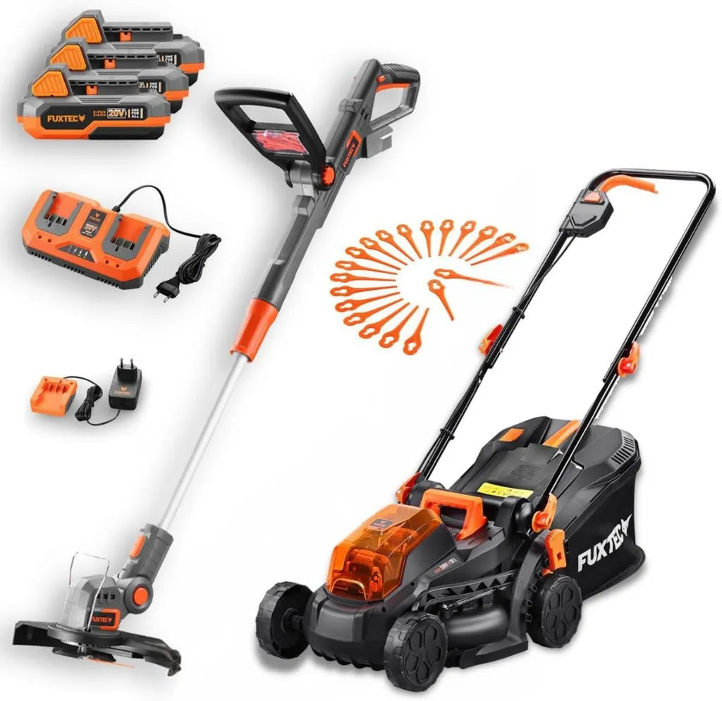 Ensemble Outils de Jardin FUXTEC - Tondeuse et Coupe-Bordure Sans Fil avec 3 Batteries Li-Ion 2Ah et Chargeur Double
