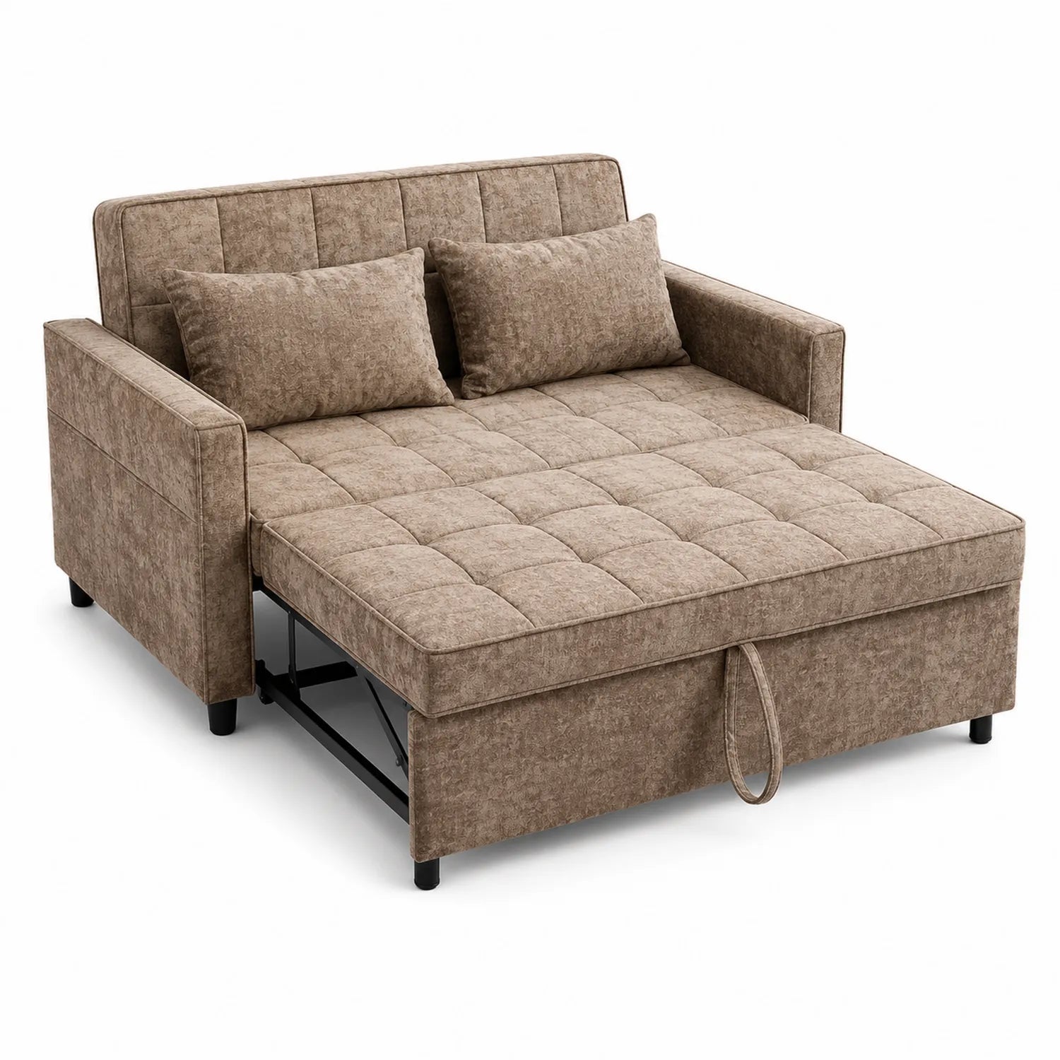 Canapé-lit en tissu polyester marron avec coussins