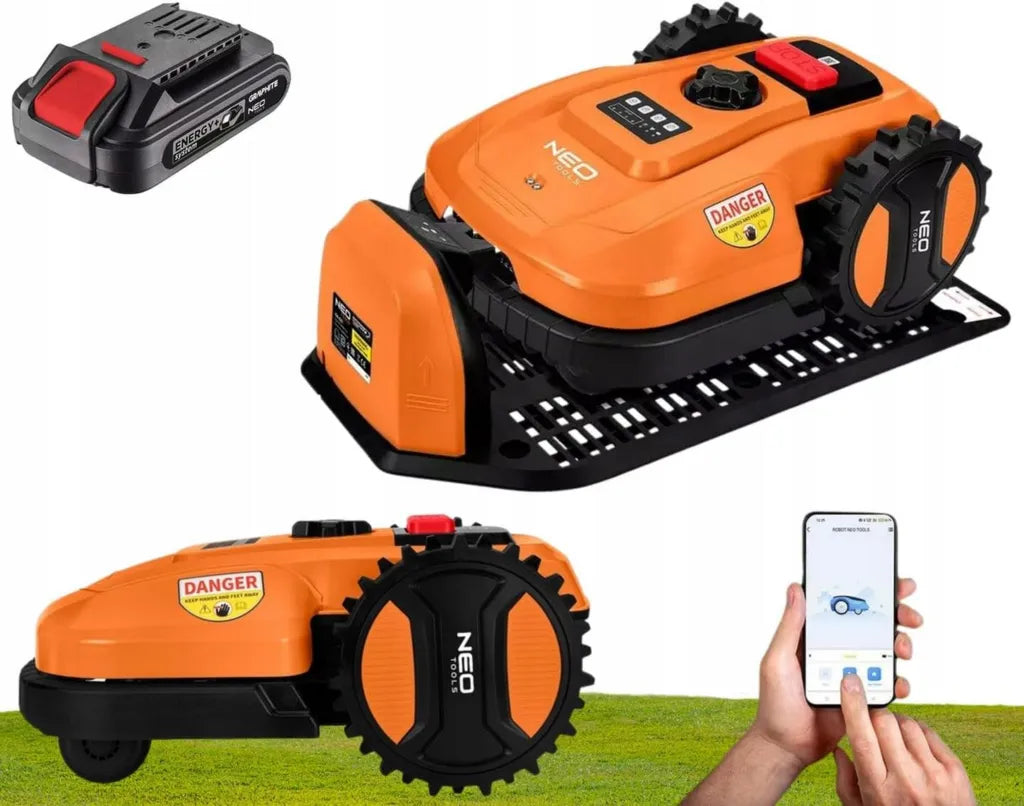 Tondeuse Robot NEO TOOLS, Batterie Remplaçable 2 Ah, Jusqu'à 600 m², Appli Smartphone, Station de Recharge, Câble 100 m, 18V, Moteur Sans Balai