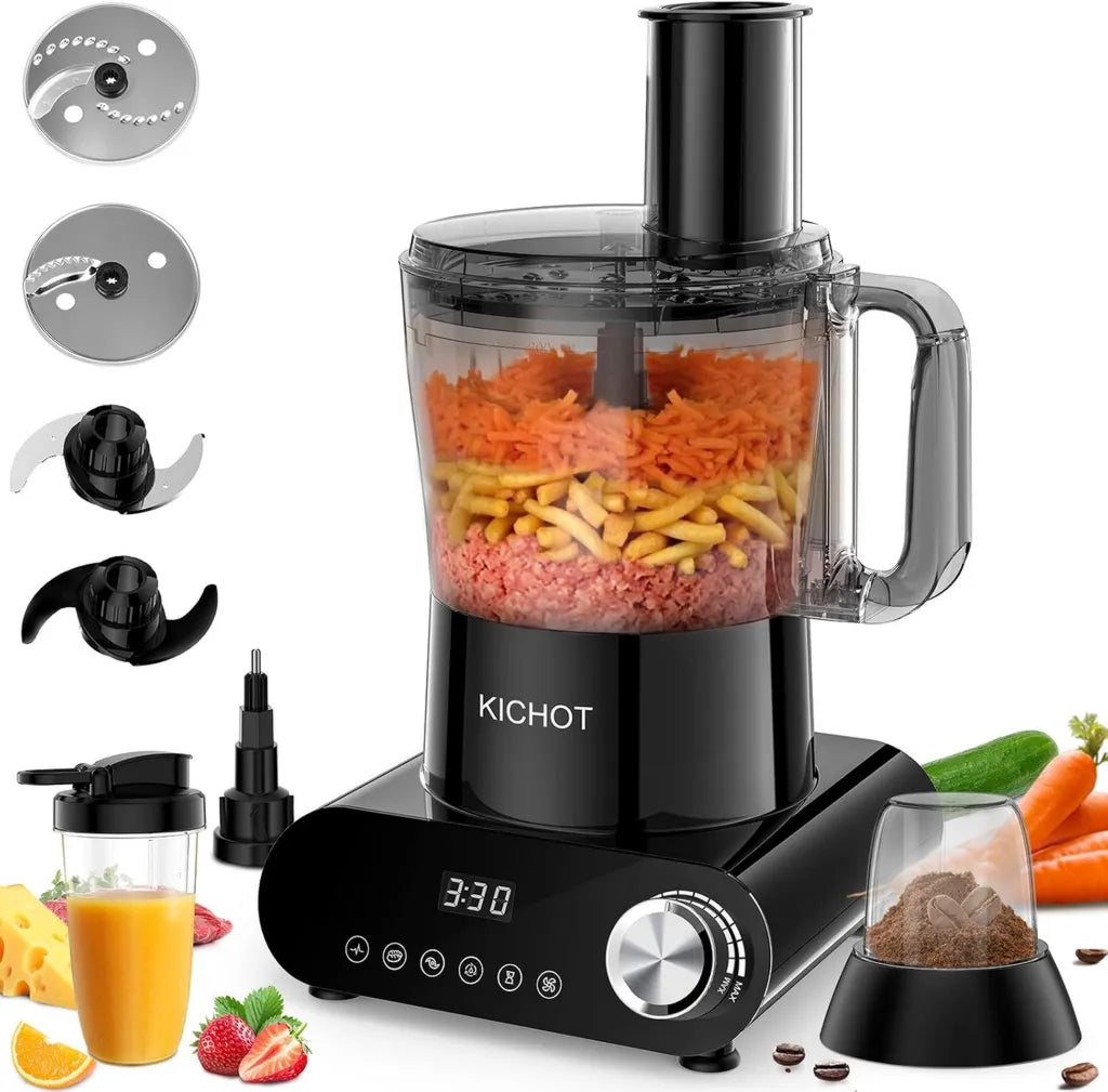 Robot culinaire multifonction 1500W, bol 2.5L, hachoir, râpe, presse-agrumes, pétrissage, noir