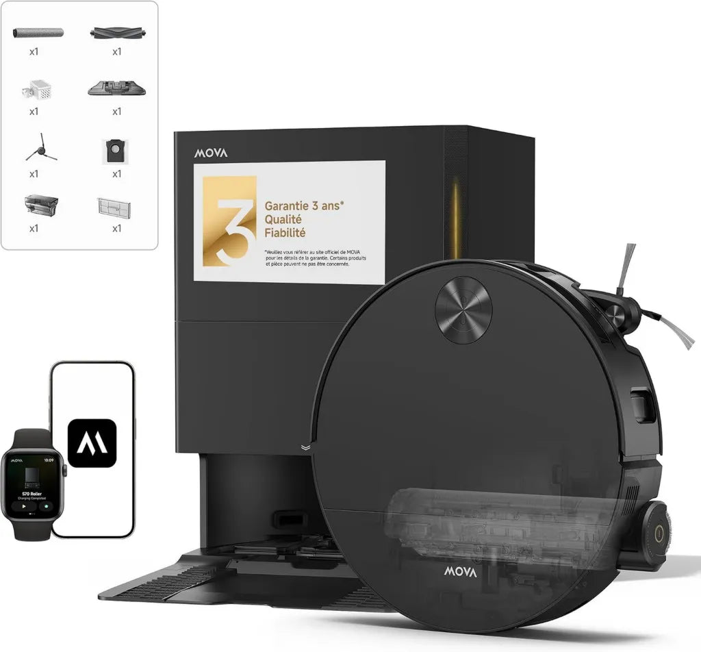 Robot Aspirateur Laveur Mova S70, Puissance 28 000 Pa, Détection Laser Avancée, Auto-Nettoyage à Eau Chaude