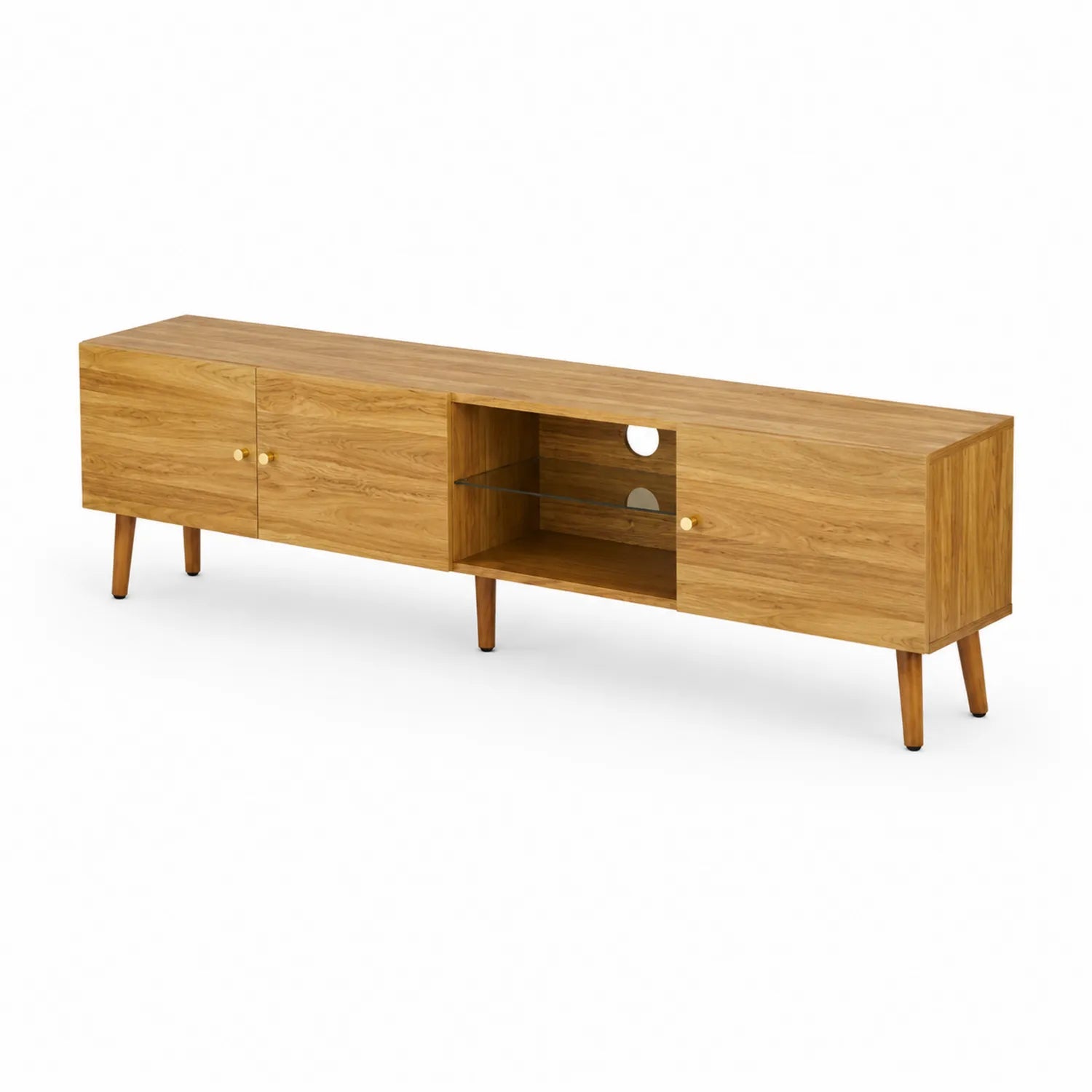 Meuble TV en bois avec portes et étagère en verre