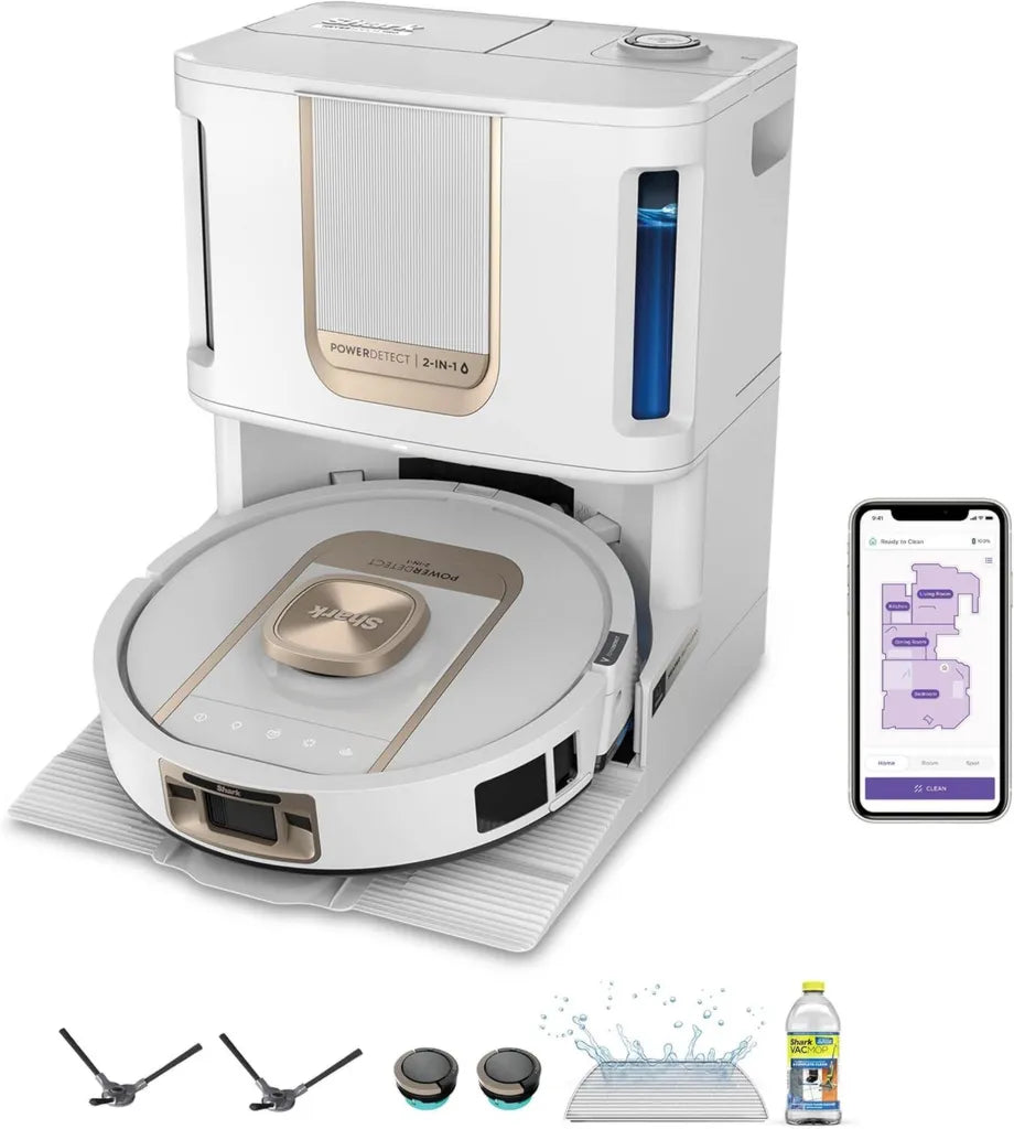 Shark Robot Aspirateur AV2900XEEUWH avec Désinfection 85°C, Vidage Automatique, Technologie NeverStuck, 3h de Nettoyage, Lavage Hypersonique