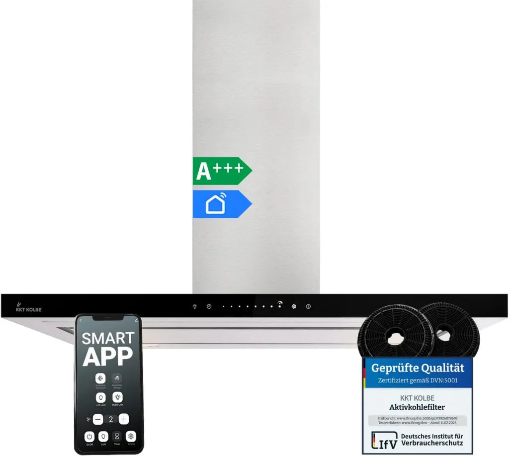 Hotte de cuisine 90 cm îlot en acier inox et verre noir, WiFi, arrêt auto, commande tactile