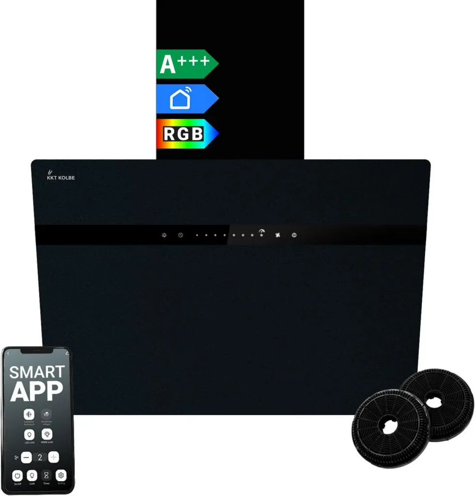 Hotte aspirante 60 cm inclinée en acier inoxydable et verre noir avec WiFi, arrêt automatique, éclairage LED RVB et commande tactile