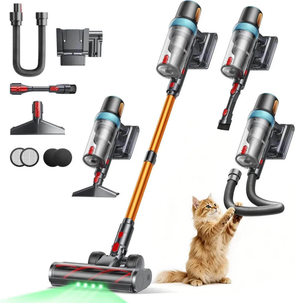 Aspirateur sans fil puissant 600 W, 50 KPA, autonomie 65 min, tuyau extensible 1 m, station murale, mode auto, brosse anti-enchevêtrement, multi-filtration pour tapis et sols durs