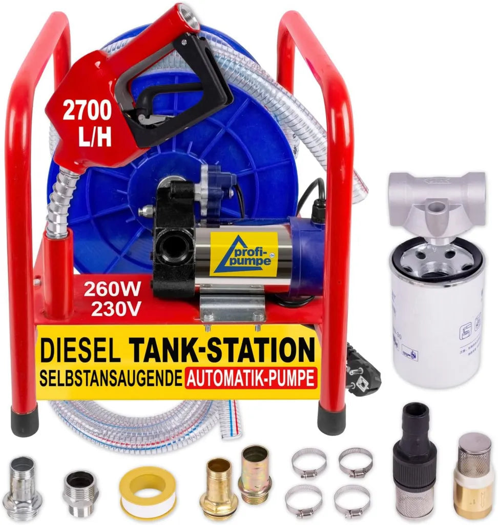 Station de Distribution Carburant - Pompe Diesel/Biodiesel avec Tuyau de 13m, Pistolet Automatique et Pré-filtre 45lpm 260W