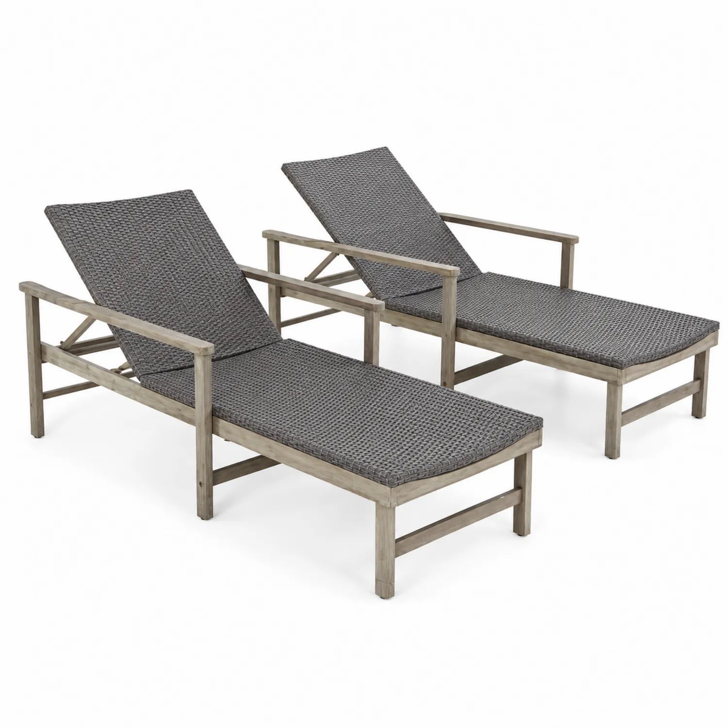 Chaise longue en bois et résine tressée grise - Lot de 2