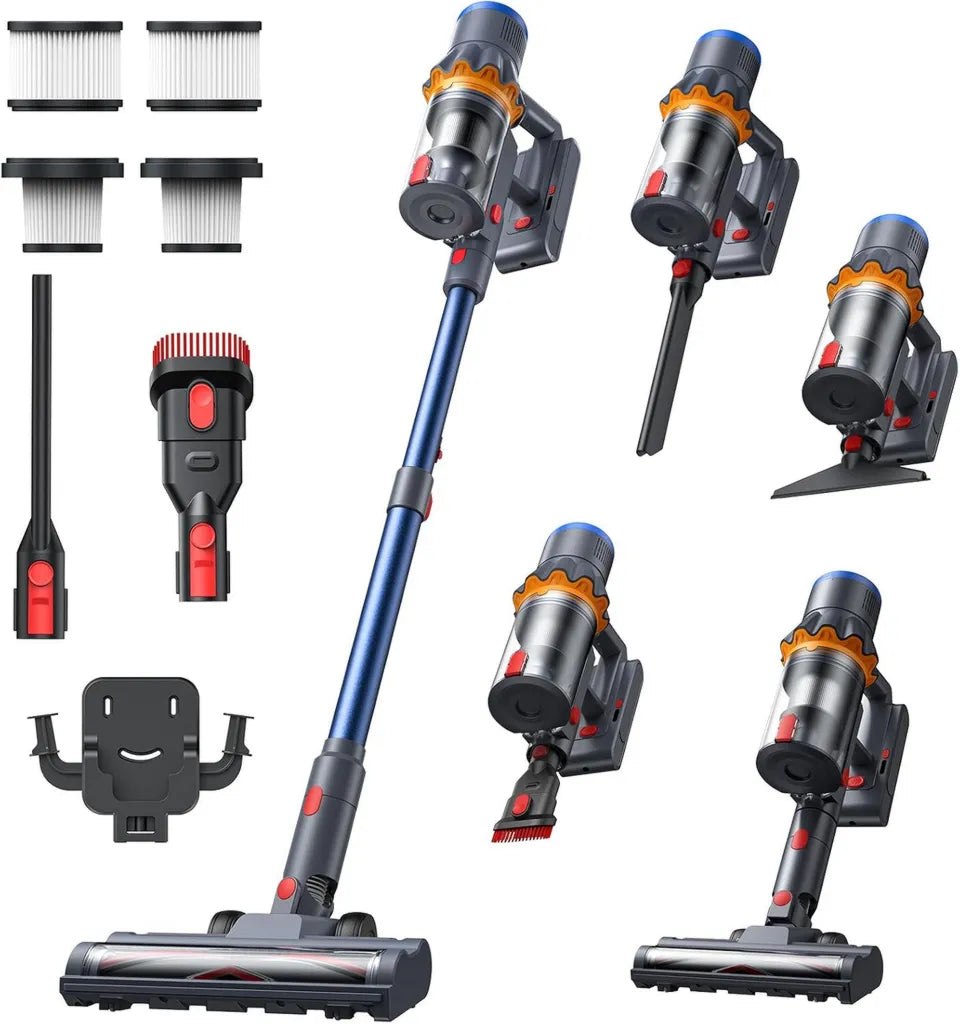Aspirateur Balai Sans Fil Haute Puissance 58 000 Pa, Autonomie 65 Min, Spécial Animaux et Sols Durs, Filtration Double HEPA, Capacité 0,8 L, Bleu Marine