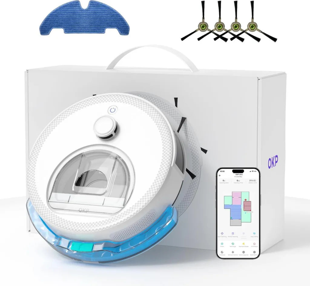 Robot Aspirateur OKP avec Contrôle Alexa et WiFi, Ultra Mince et Silencieux, 6 Modes pour Poils d'Animaux et Sols Durs, Gris