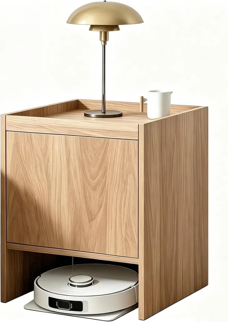Station d'accueil en bois pour aspirateur robot avec étagère modulable et rangement intégré pour salon, chambre, bureau (naturel)
