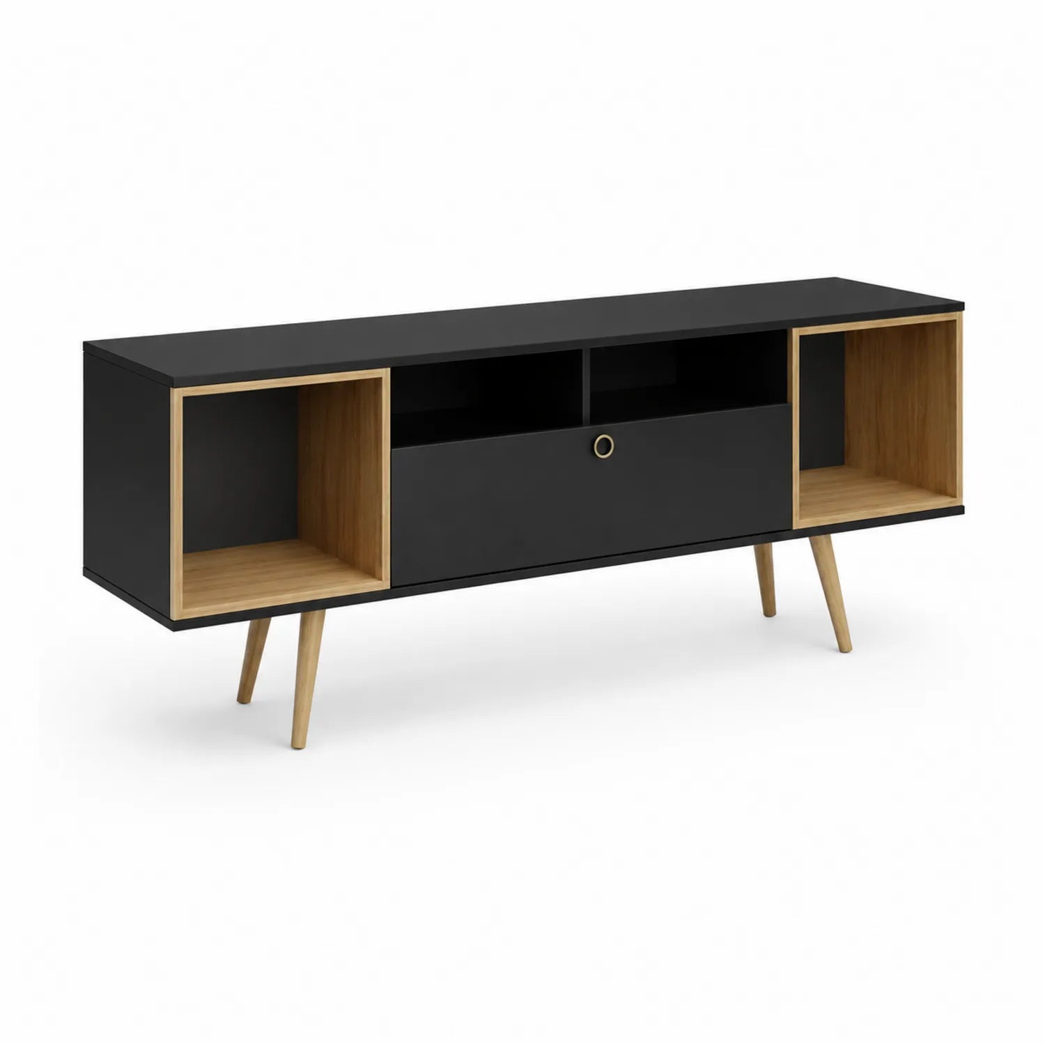 Meuble TV en Bois et MDF Noir avec Pieds en Chêne, Tiroir et Étagères Ouvertes